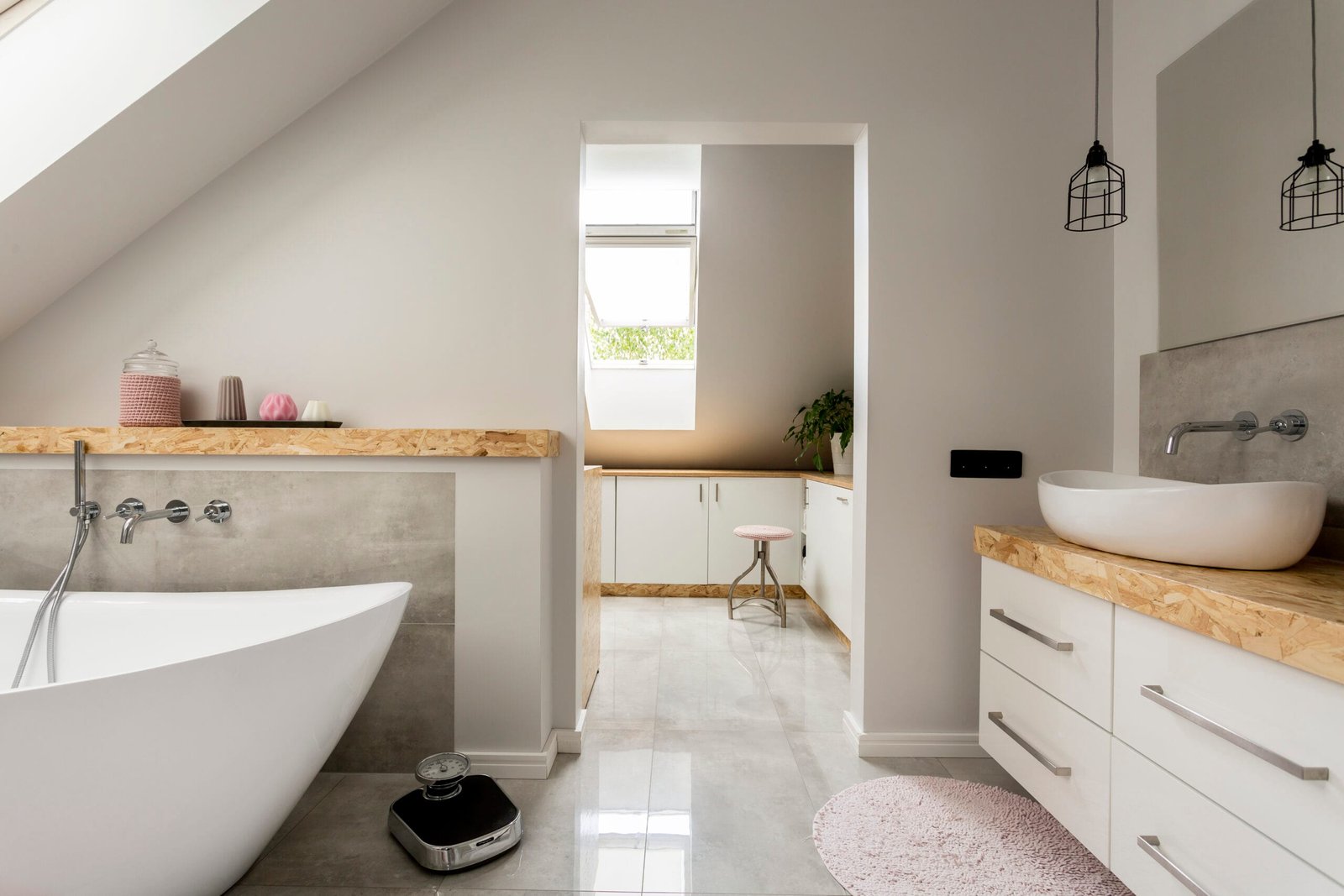 Bright, spacious bathroom with big, oval bathtub, white amenities and modern weight on the floor