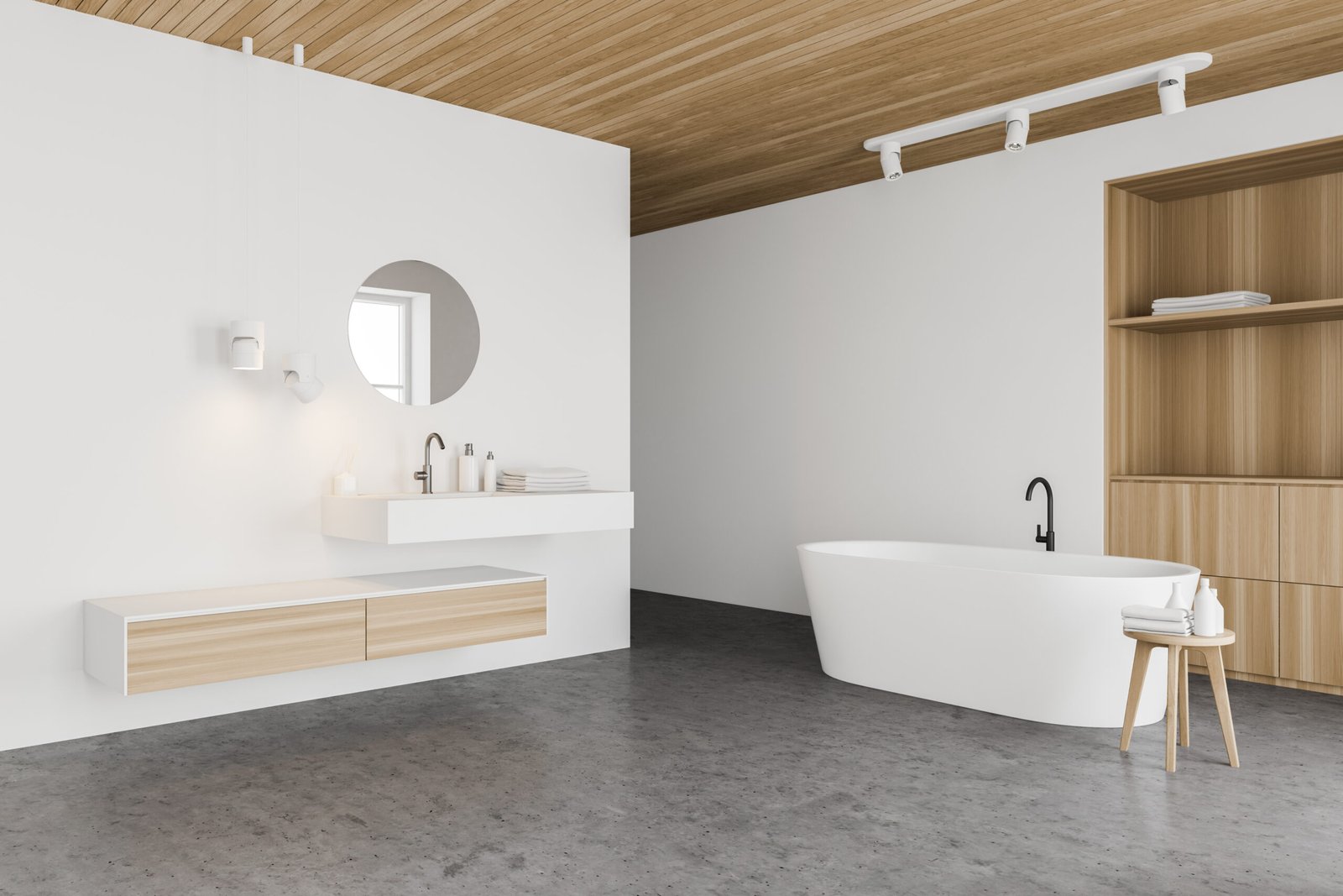 Corner of luxury bathroom with white walls, concrete floor, comfortable bathtub standing near wooden cabinet and stylish sink with round mirror. 3d rendering